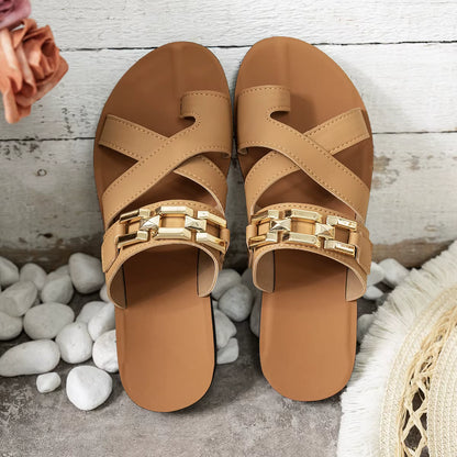 Sandales Plates Femme à Chaîne Dorée Rigamis™ | Confort d'Été Premium